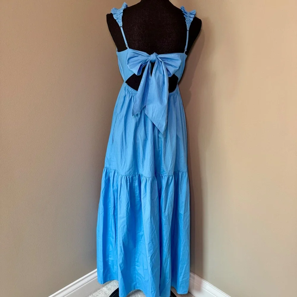 Abercrombie & Fitch Blue Ruffle Strap Tie Back Pleated Tiered Maxi Dress Small